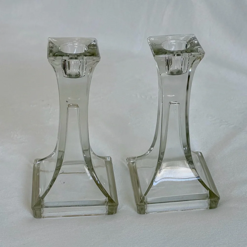 Vintage Clear Glass Candle Holders, Set of 2